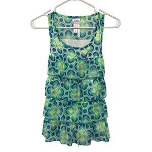 Justice Girls 16 Sleeveless Tiered Blouse Blue Lime Shimmer Ruffle Top Used